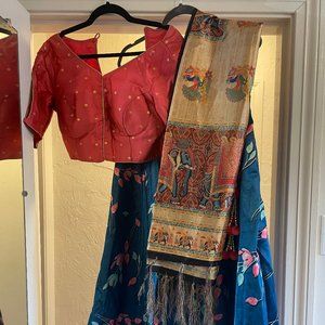 Lehenga (Brand New) - Blue skirt and salmon blouse - Size 40